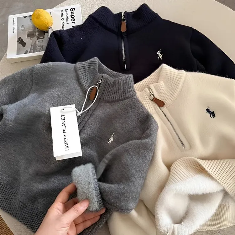 男童新款百搭冬季加绒加厚毛衣中大童拉链款保暖针织衫韩版儿童潮
