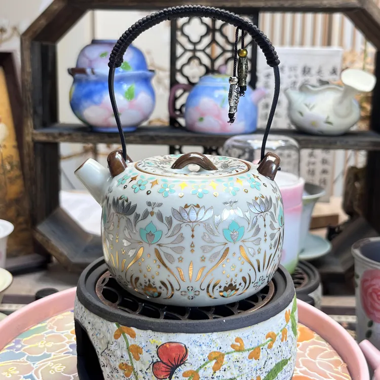 敦煌宝相花金银错提梁壶带四杯煮水