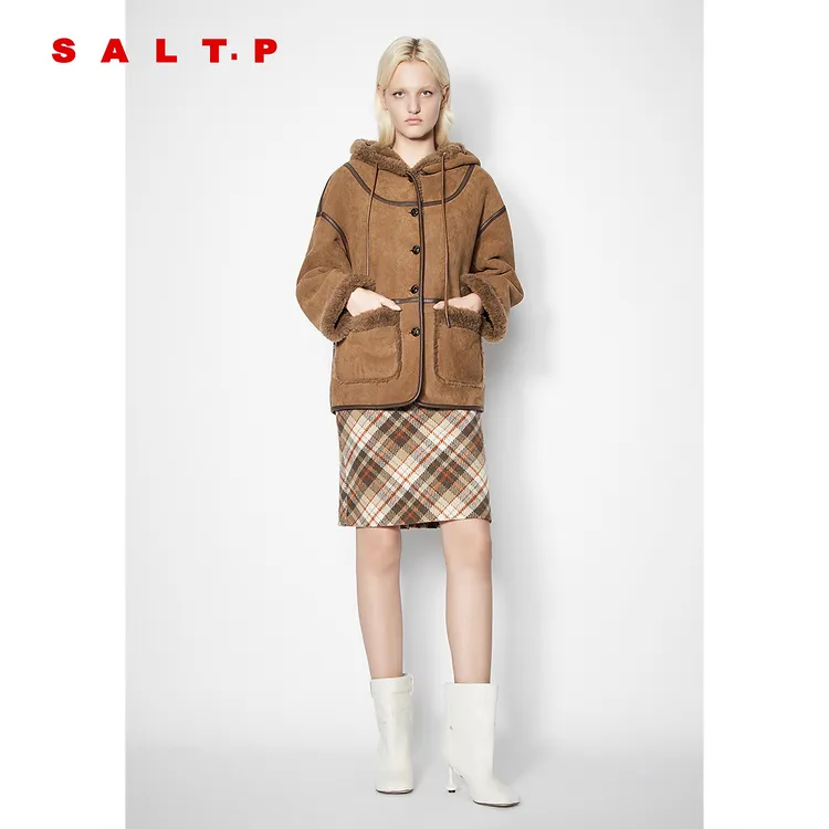 SALT.P可颜复古棕色环保麂皮绒连帽外套2025冬季新款外套
