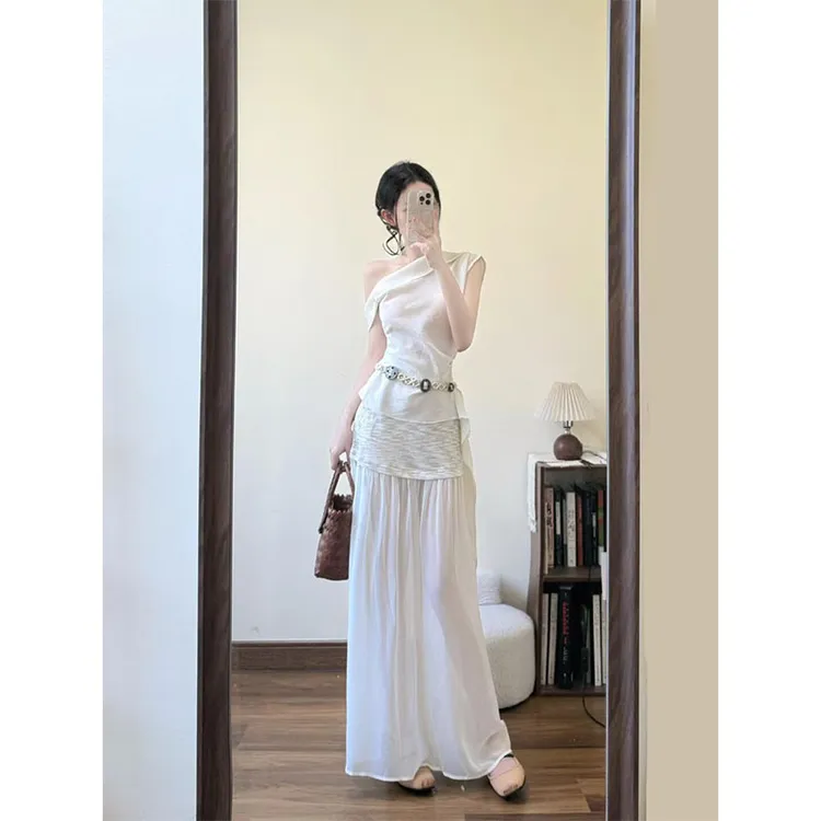 韩系夏季新款设计感露肩小众无袖上衣高腰修身显瘦a字半身裙套装