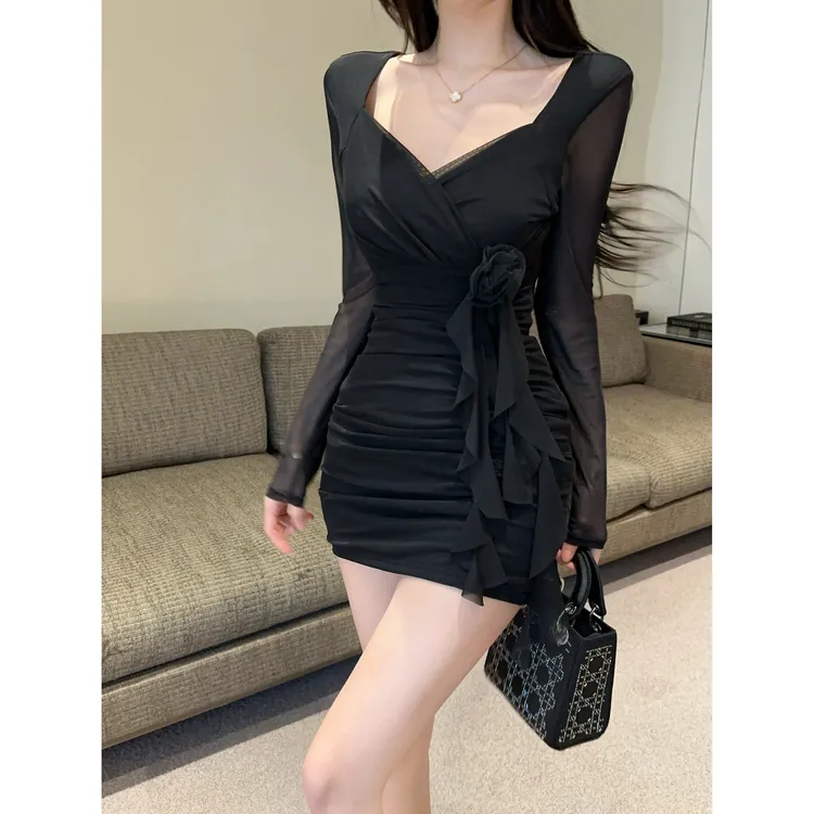 夜场纯色低胸修身包臀裙按摩技师工作服短裙显瘦气质纯欲连衣裙女