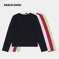 『PEACHZHOU』100洗水棉短款宽松圆领长袖休闲百搭竹节棉内搭T恤女