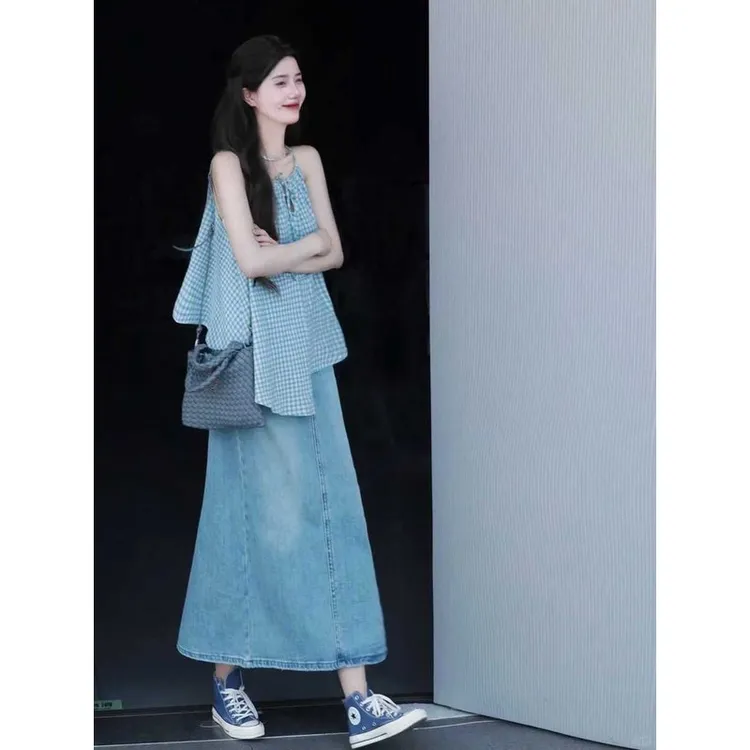 夏季慵懒松弛感休闲复古孔雀蓝格子抽绳背心上衣牛仔半身裙套装女