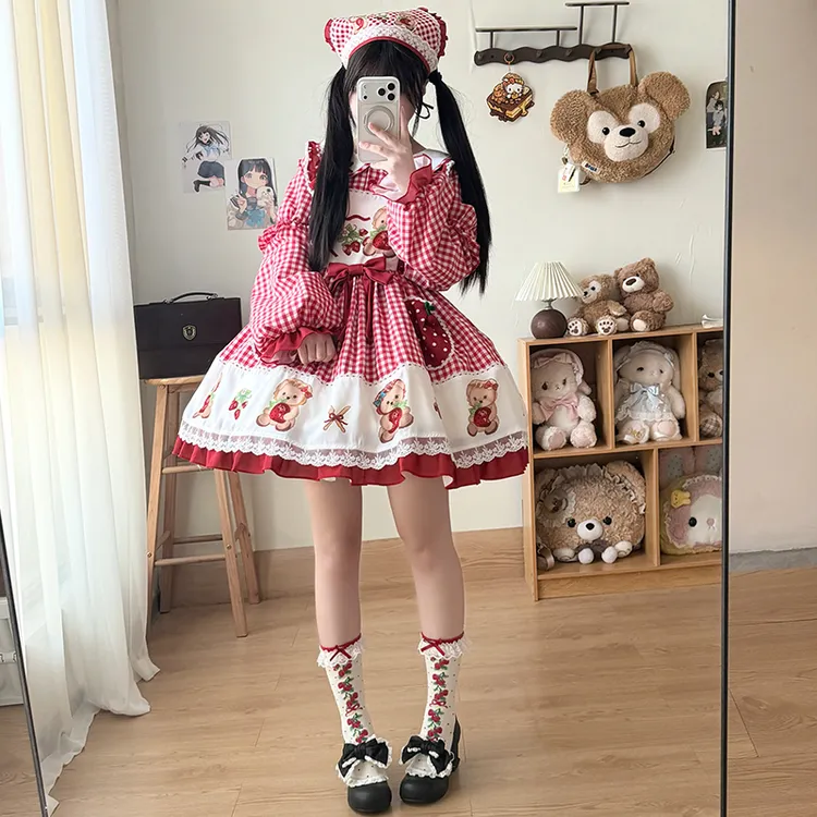 原创 草莓熊 少女可爱甜美短袖格纹连衣裙Lolita裙子红色复古