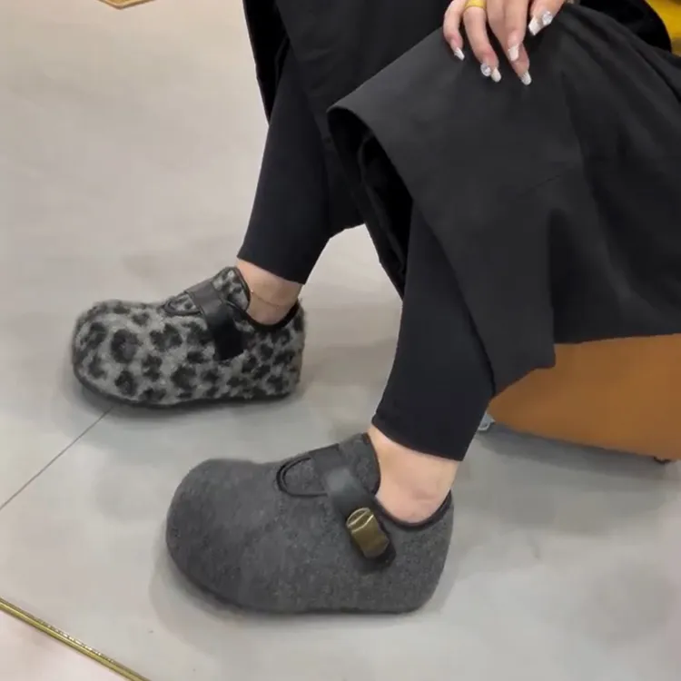 复古内增高毛呢加绒勃肯鞋女2025冬季新款灰色毛毛鞋保暖乐福棉鞋