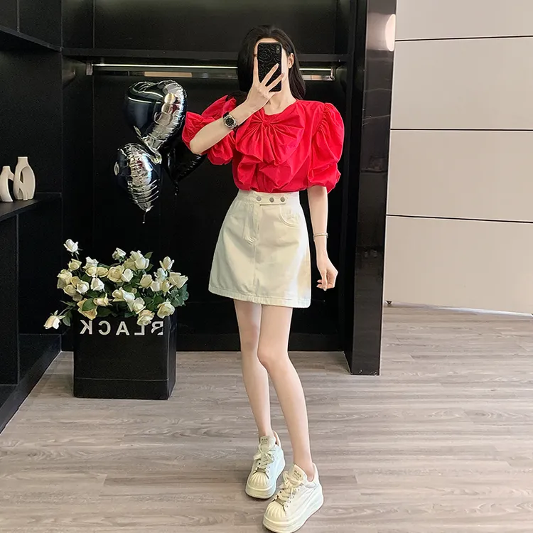 法式泡泡袖衬衫女夏蝴蝶结衬衣显瘦上衣水洗棉牛仔短裙A字包臀裙