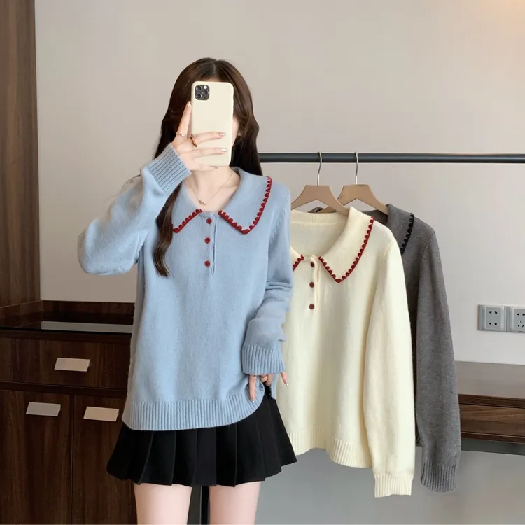 大码女2026春季学院风减龄撞色翻领针织衫胖mm百搭显瘦毛衣0325