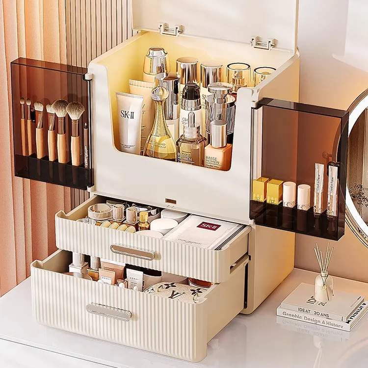 化妆品收纳盒桌面化妆刷口红防尘置物架梳妆台护肤品大容量化妆盒