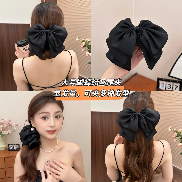 蓬松显发量大蝴蝶结花苞抓夹，高级感缎面后脑勺盘发夹气质百搭商品图