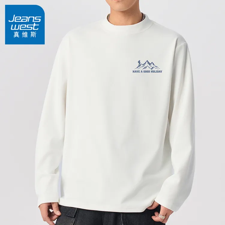 真维斯仿德绒半高领打底衫长袖T恤男美式白色内搭保暖秋冬双面绒