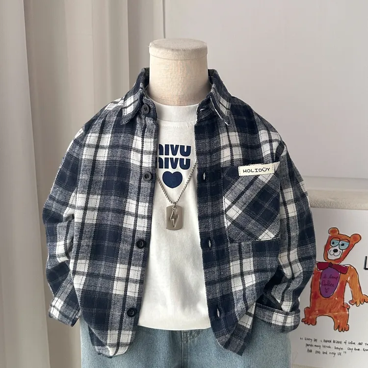 男童磨毛衬衫秋装2025新款儿童格子衬衣时尚帅气秋季男孩休闲上衣
