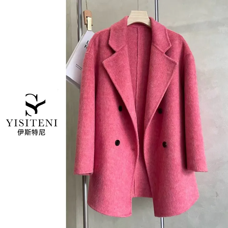 【 YisiTeni反季价】双面羊毛大衣中款韩版宽松西装双排扣外套Y606