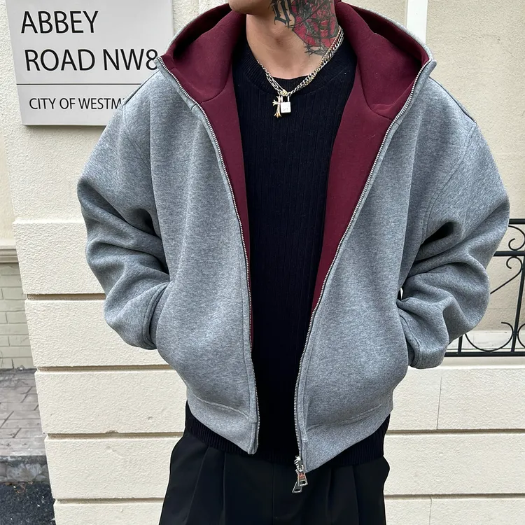 OXFREAK「帝王红内」700g重磅空气层开衫卫衣男连帽宽松保暖外套