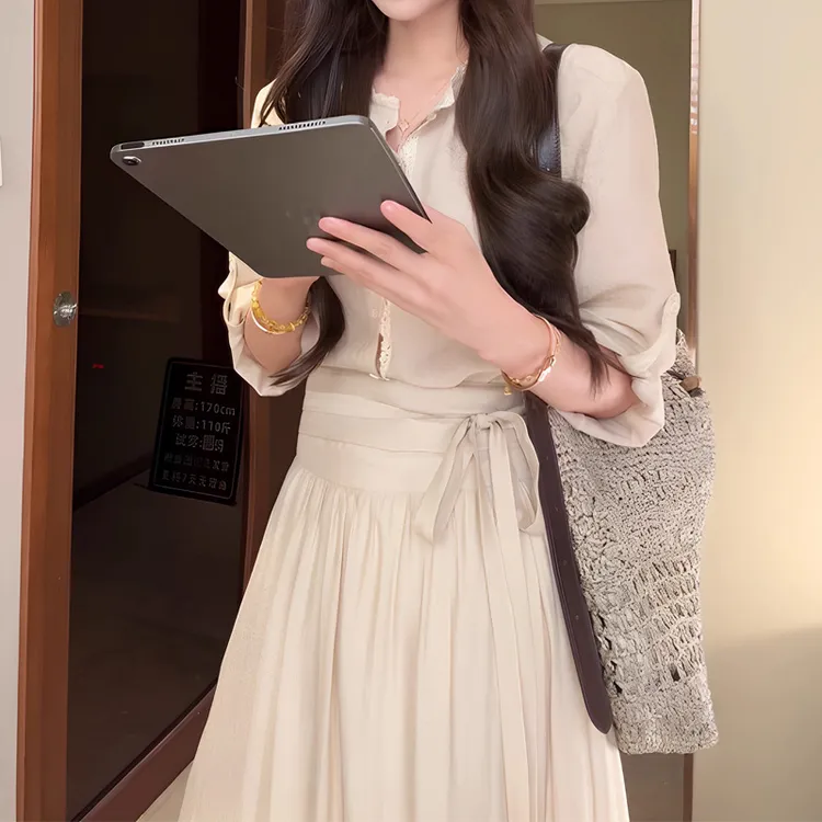 禅意茶歇风2025夏新款简约衬衫+半身裙两件套女小个子连衣裙套装