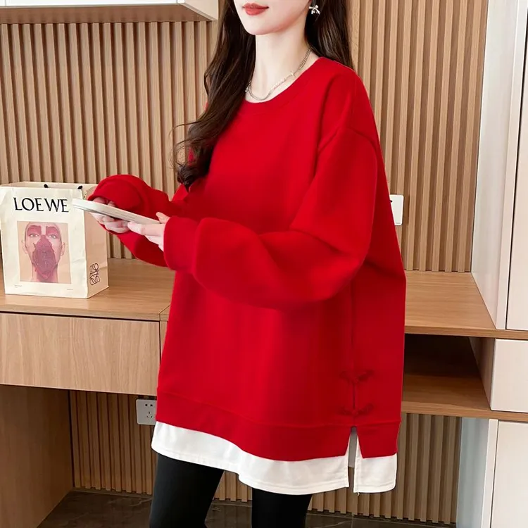 大码胖MM基础屁帘拼接假两件卫衣女秋冬加绒加厚百搭宽松圆领上衣