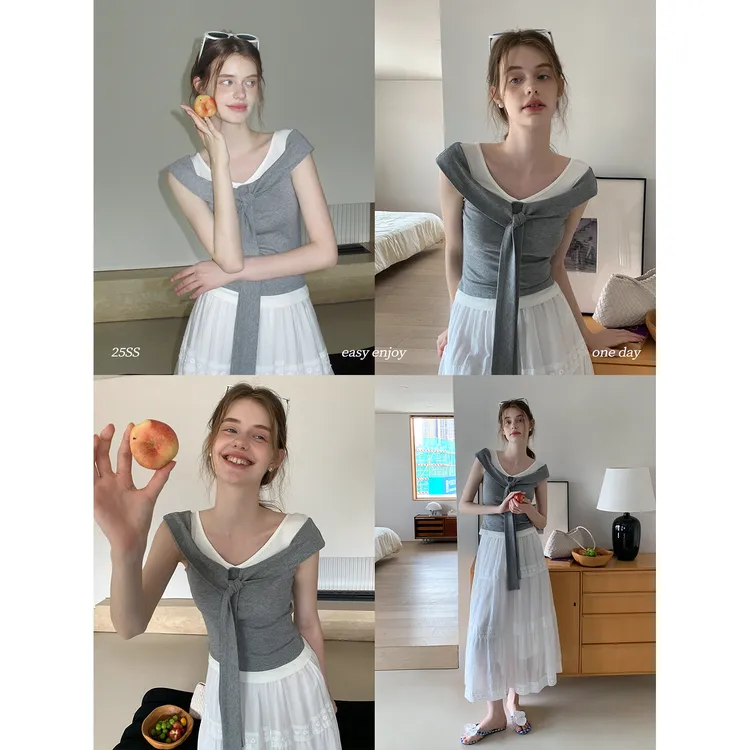 EGGKA 拼色假两件无袖女夏修身显瘦气质短款休闲T恤 E25A5554AF