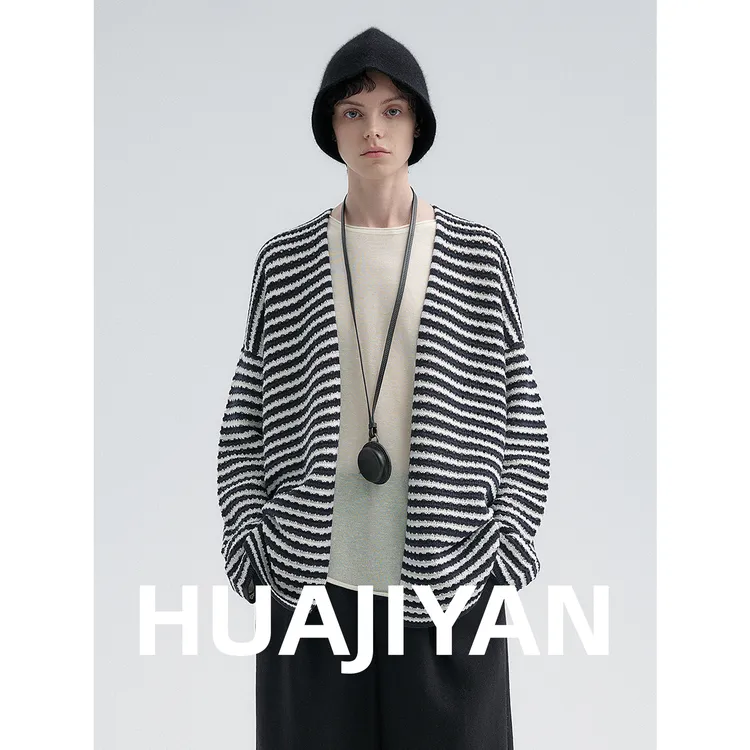 华吉言/HUAJIYAN【千层挞】定制钩织立体颗粒感纱线横条纹开衫外套