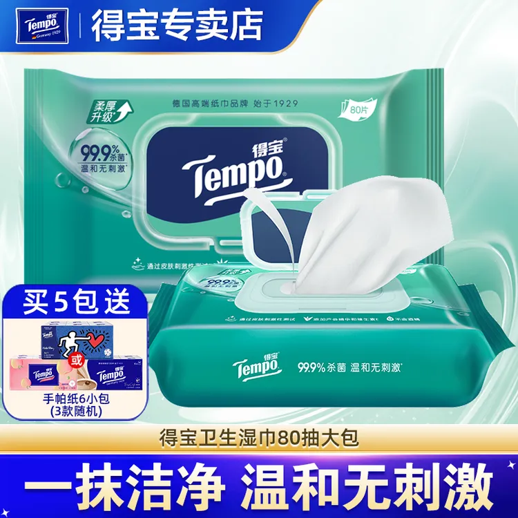 Tempo得宝卫生湿巾80片加大加厚亲肤冰感冷感纸巾带盖湿巾抽取式