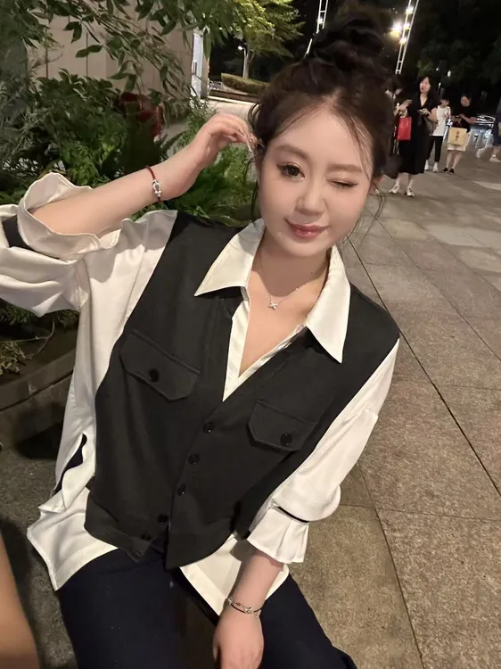 琪琪怪怪大码女装【松弛vibe】简约假两件拼接宽松衬衫T17562QQ