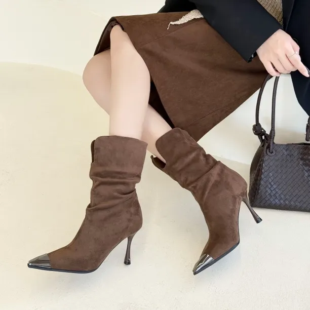 法式简约绒面时装靴细跟尖头中筒气质网红高跟褶皱秋冬短靴堆堆靴