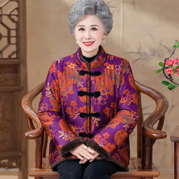 2025新款奶奶装衣中老年人女装服冬季加绒厚外套妈妈装中式盘扣袄