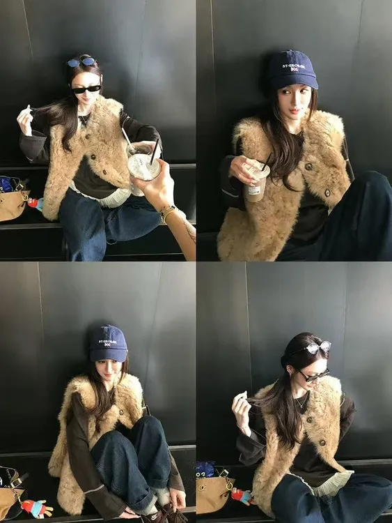 “欧尼马甲”托斯卡纳毛毛坎肩外套秋冬加厚百搭皮毛一体马甲女短款