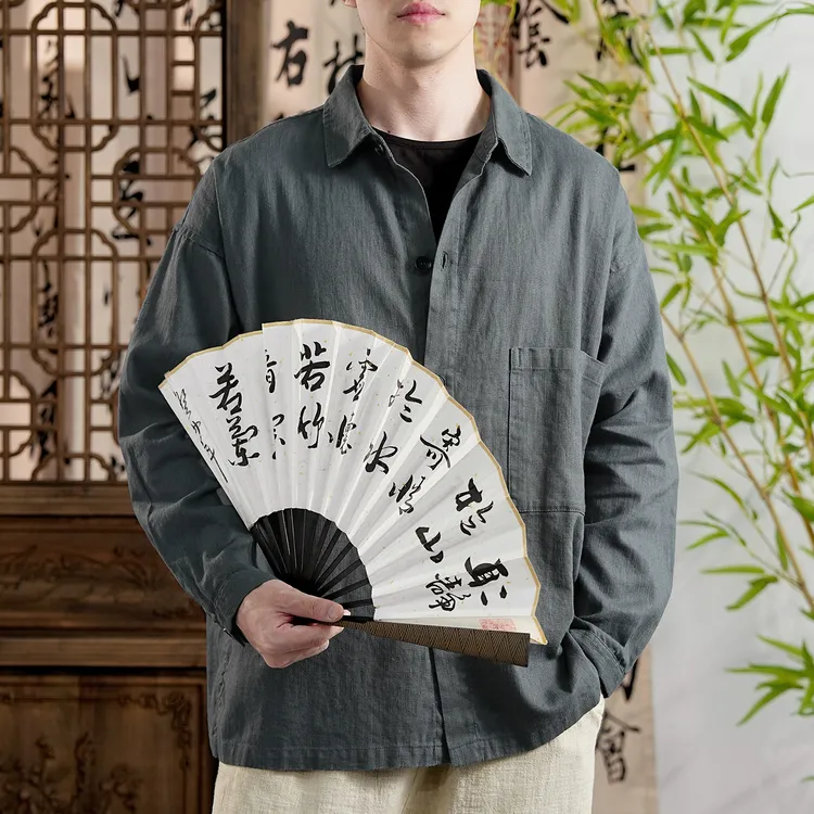 [草民麻衣]男士雨露麻长袖外套夹克休闲新中式老钱风纯色翻领男装