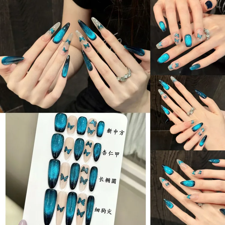 【蓝色妖姬】MissMeow~爆闪美甲暗蓝浮光蝴蝶纯手工穿戴甲穿戴式