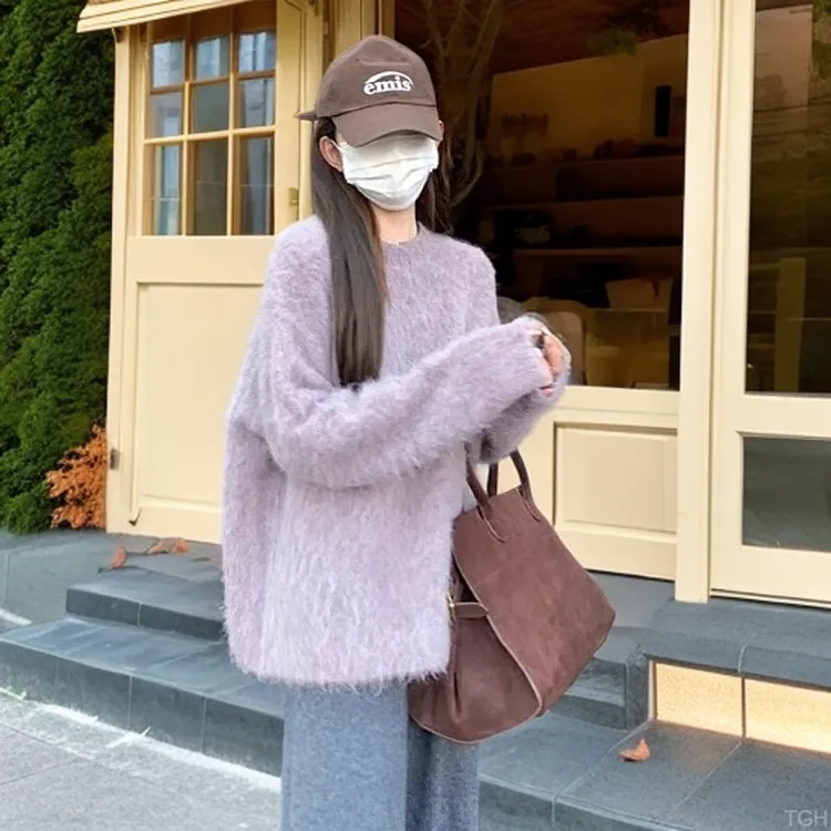 温柔风春秋软糯灰色长袖针织衫套头宽松慵懒毛衣女外穿马海毛