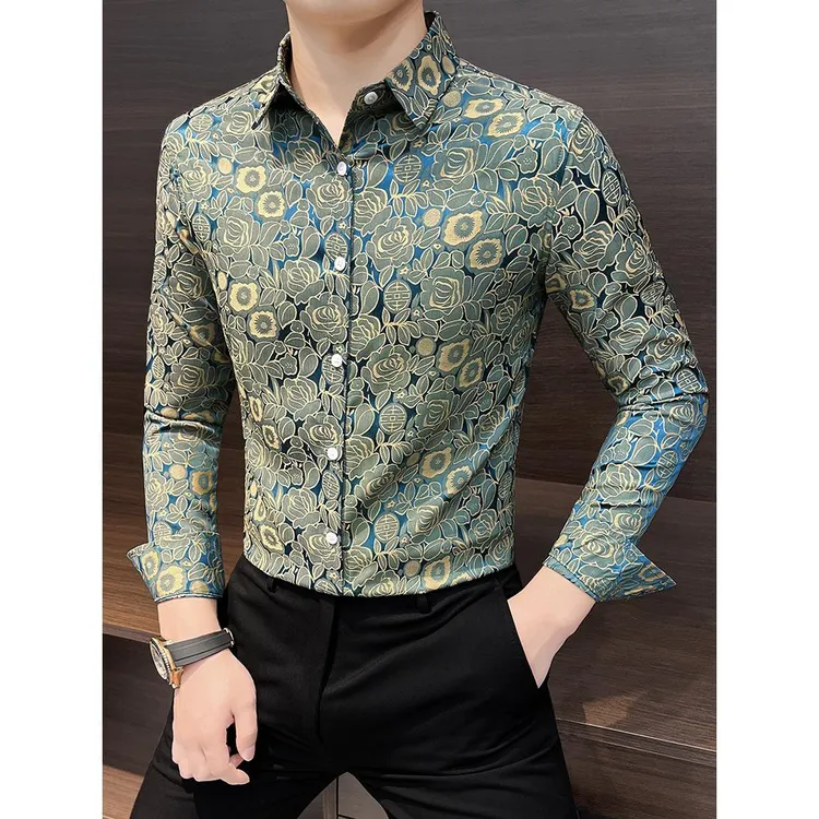 灏吉弧花衬衫长袖夏高端修身男士服装2025新英俊的衣服男士衬衫