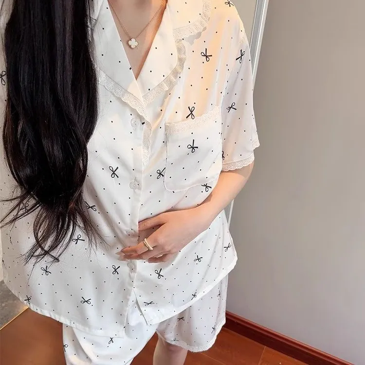 【蕾丝花边三件套】女款大码家居服冰丝蝴蝶结长袖长裤睡衣套装冰丝