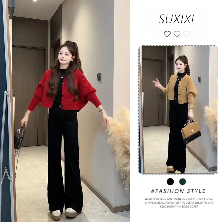 2025秋季新款女装韩版独特漂亮套装打底针织开衫显瘦长裤三件套