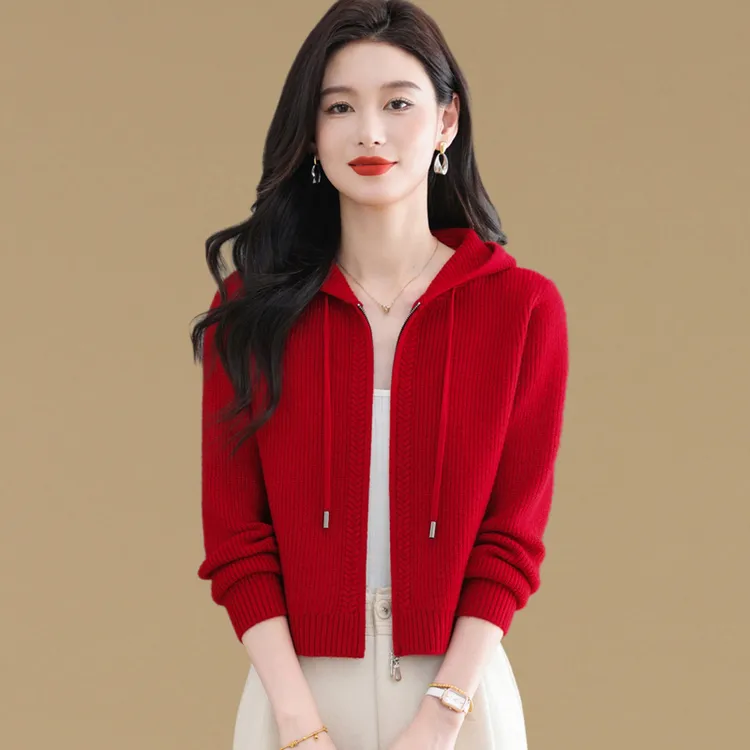 轻奢高级感小个子拉链连帽毛衣外套女春秋新款高腰显瘦针织开衫潮
