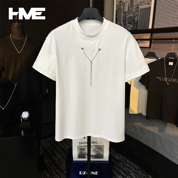 【HMEYAO】夏季原创穿孔金属链条装饰设计潮流冰感棉圆领短袖T恤男