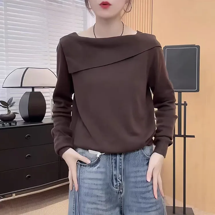 咖色一字肩辣妹长袖针织衫秋装女款爆款2025新款纯色显瘦套头毛衣