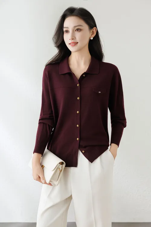 新款秋款气质长袖翻领时尚百搭宽松大码妈妈装女士开衫-9903