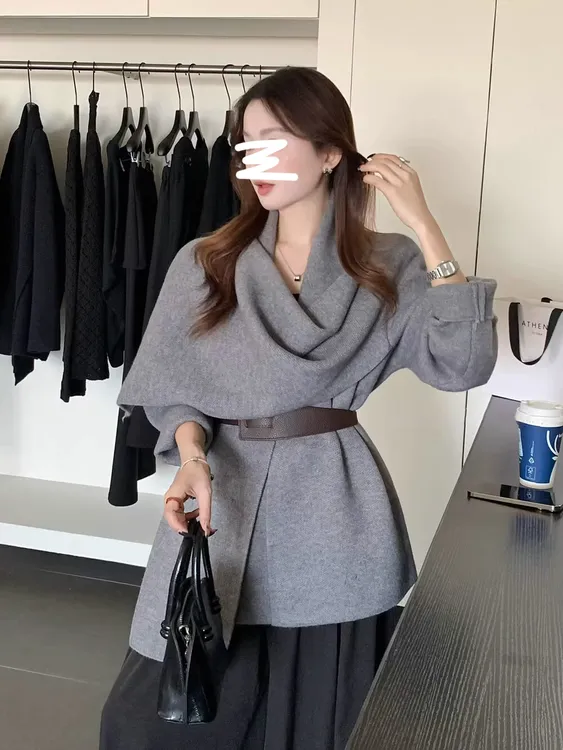 慵懒风松弛氛围感灰色围巾领针织开衫女装秋季设计感气质收腰外套