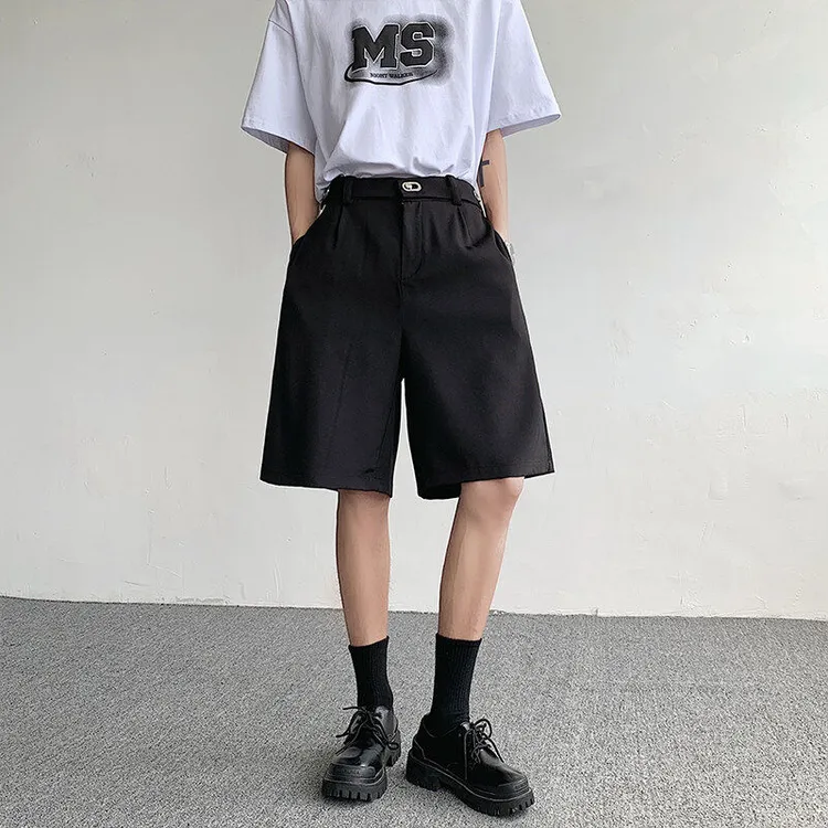 高级感金属扣西装短裤男韩版黑色宽松五分裤夏季直筒休闲百搭阔腿