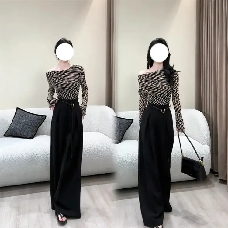 网红韩版高级感条纹斜领长袖打底上衣女高腰宽松西装阔腿裤两件套