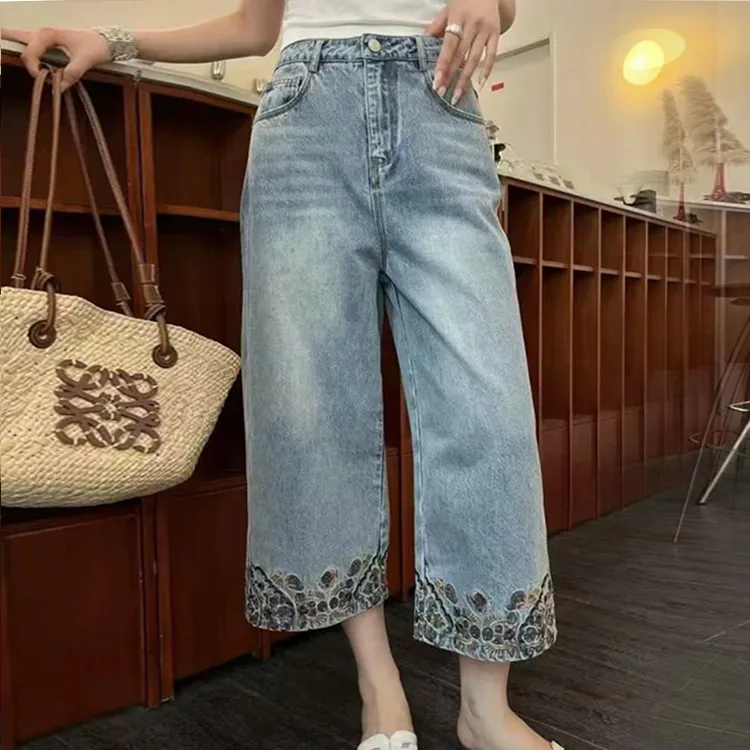 刺绣夏季牛仔裤小个子九分阔腿裤休闲八分裤直筒裤学院风