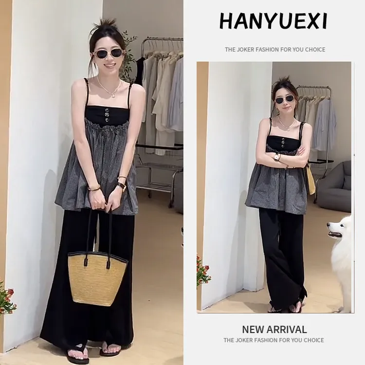 夏季时尚一整套女装2025新款设计感拼接宽松无袖上衣阔腿裤两件套