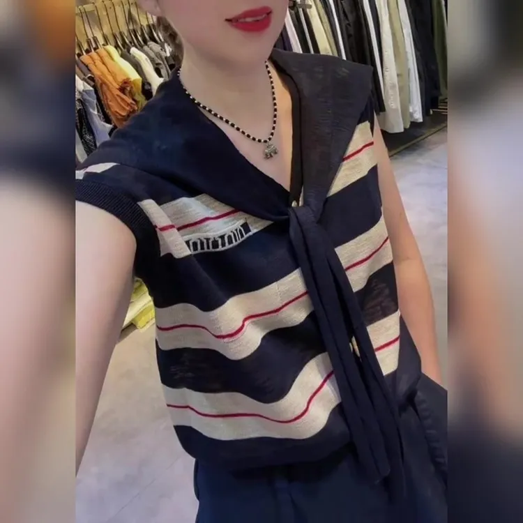 休闲学院风条纹短袖女2025年夏季新款小众设计感慵懒风减龄上衣女