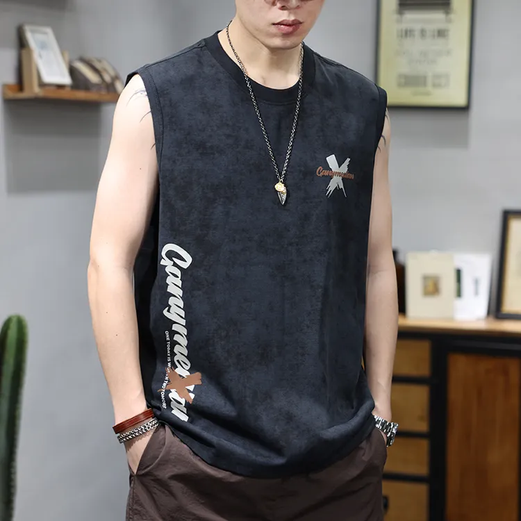 美式复古痞帅坎肩背心男士夏季宽松潮牌印花篮球运动无袖t恤汗衫