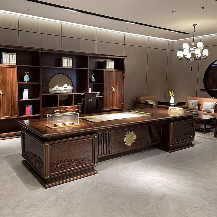 新中式乌金木实木办公桌老板桌总裁桌办公室家具组合