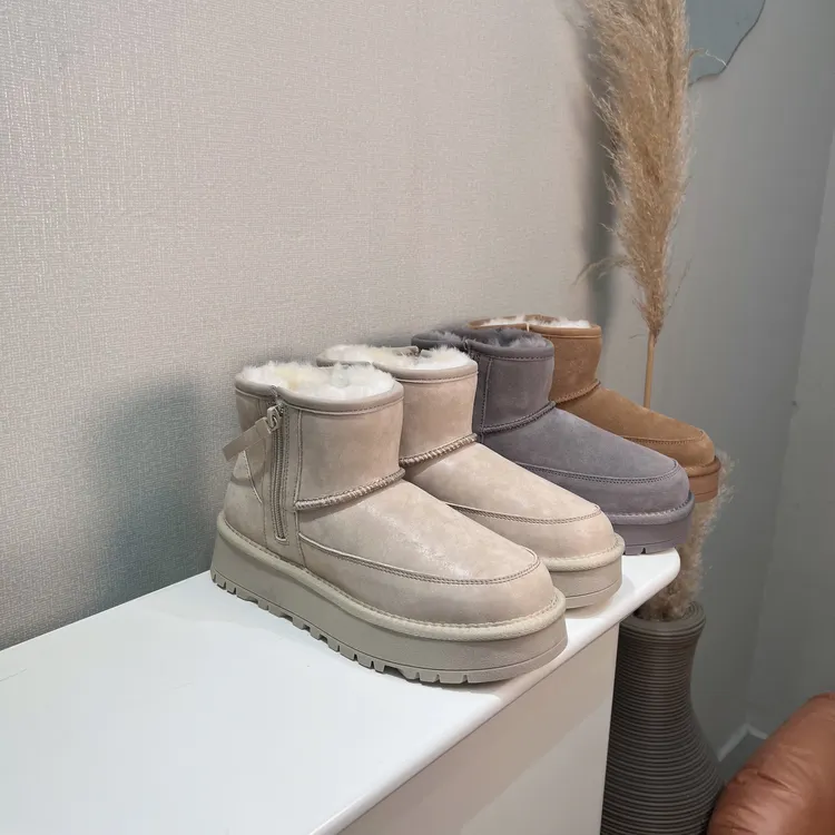 防水防污真皮真毛保暖侧拉链冬季短筒时尚雪地靴女鞋雪地靴