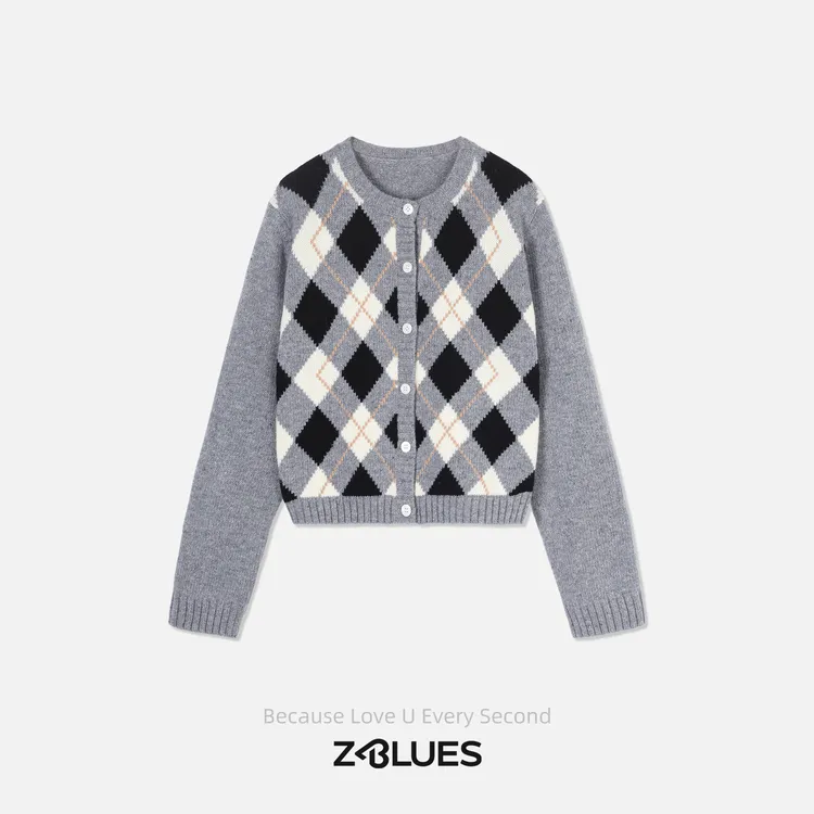 Z.blues【静智学院风】学院派绵羊毛菱形嵌花开衫YZPSR5151