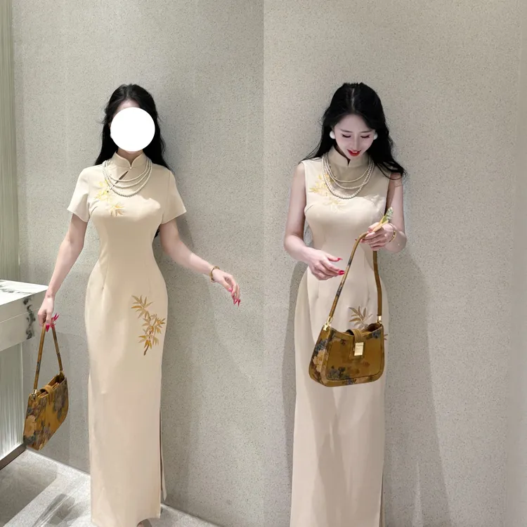 LHMknk1画报夫人原创自制国风甜美显瘦手工新中式刺绣旗袍 白竹