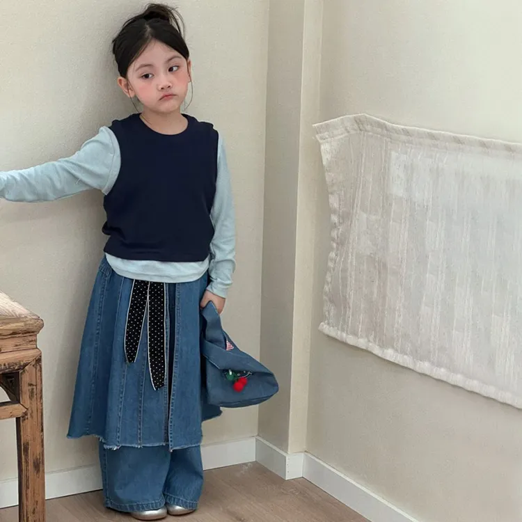 【安安家】韩版女童秋季纯色打底上衣针织背心牛仔裙裤三件套R25502