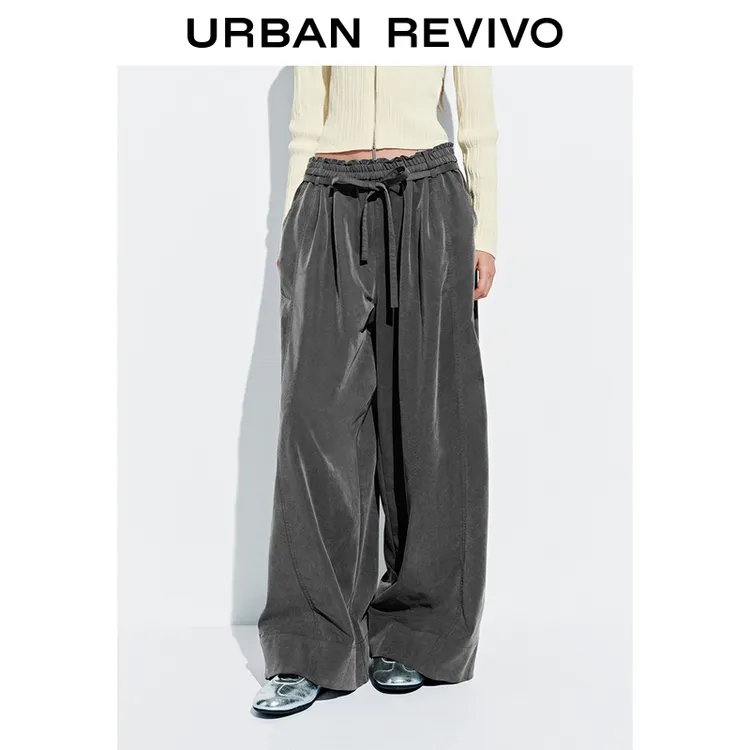 UR2025秋季新款女琥珀流光风水洗松紧腰系带阔腿裤UWJ650068