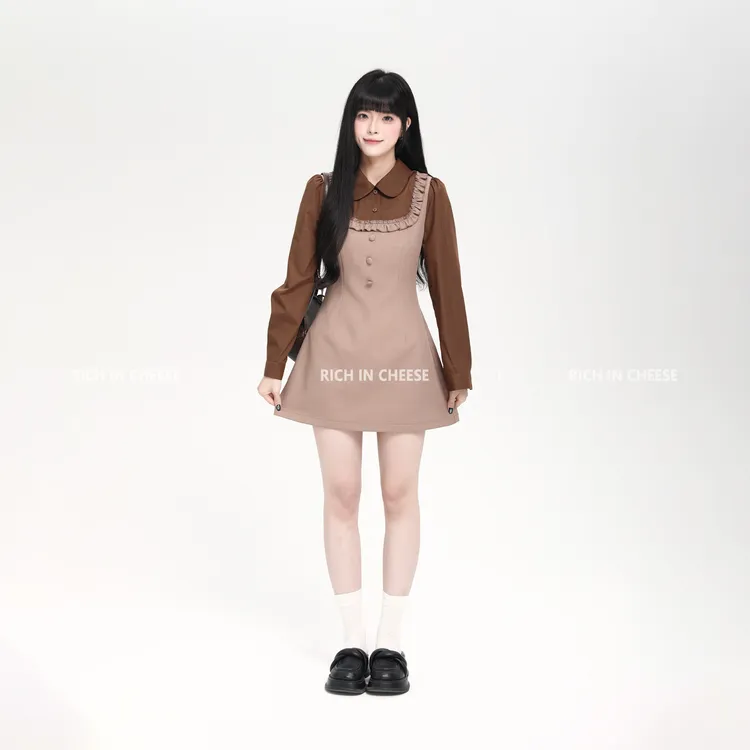 【清清】RICHINCHEESE 曼本旧街 假两件POLO领撞色秋冬收腰连衣裙